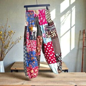 Patchwork Multicolor Joggers Style Pants One Size Boho Hippie Smoked Harem